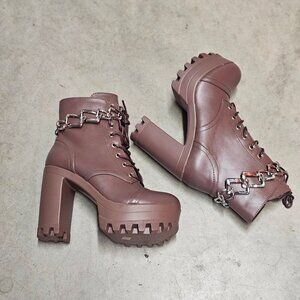 Mocha Platform Chunky-Heeled Lace-Up Ankle Boots With Chain Detail & Side Zipper
